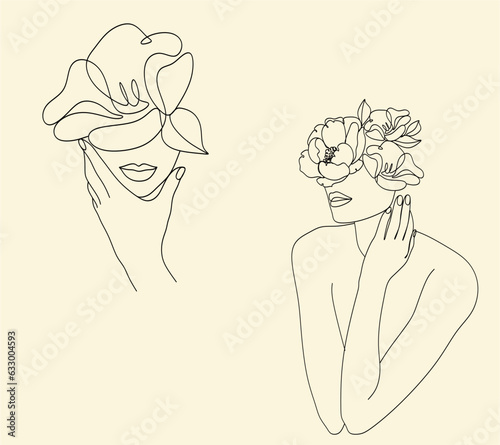 Woman face with flowers Line art. Elegant Feminine Beauty Logo. Abstract face with plants by one line drawing. Portrait minimalistic style. Botanical print. Nature symbol of cosmetics. 