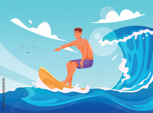 cartoon man surfing enjoying the waves in the morning