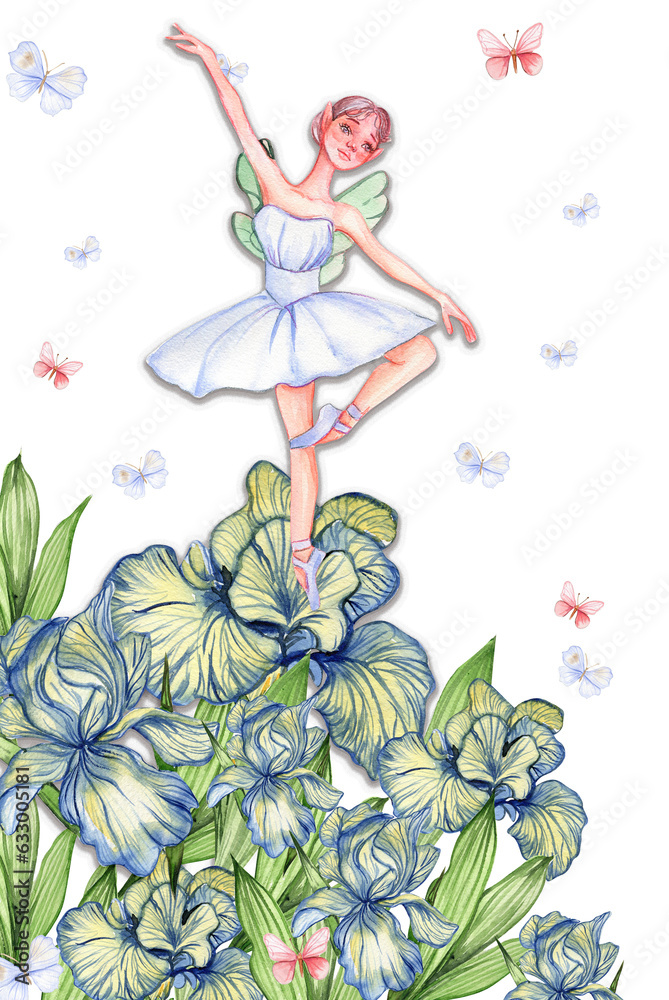 Composition with cartoon fairy with magic wings, flowers and butterflies. Watercolor hand drawn illustration . Perfect for greeting card, poster, wedding invitation, party decor. Composition with cartoon fairy with magic wings, flowers and butterflies. Watercolor hand drawn illustration . Perfect for greeting card, poster, wedding invitation, party decor.