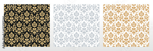 Wallpapers in the style of Baroque. Seamless vector backgrounds. Set of colored floral ornaments. Graphic patterns for fabric, wallpaper, packaging. Ornate Damask flower ornaments