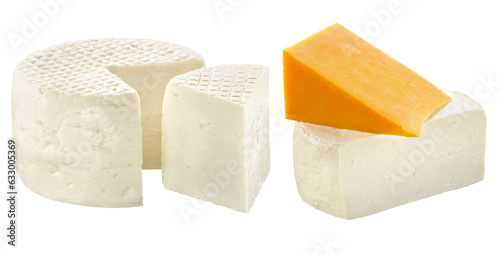 composição com pedaços de queijos minas fresco e queijo tipo cheddar isolado em fundo trasnparente photo