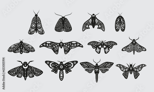 Vector set of decorative moths, linocut style illustration