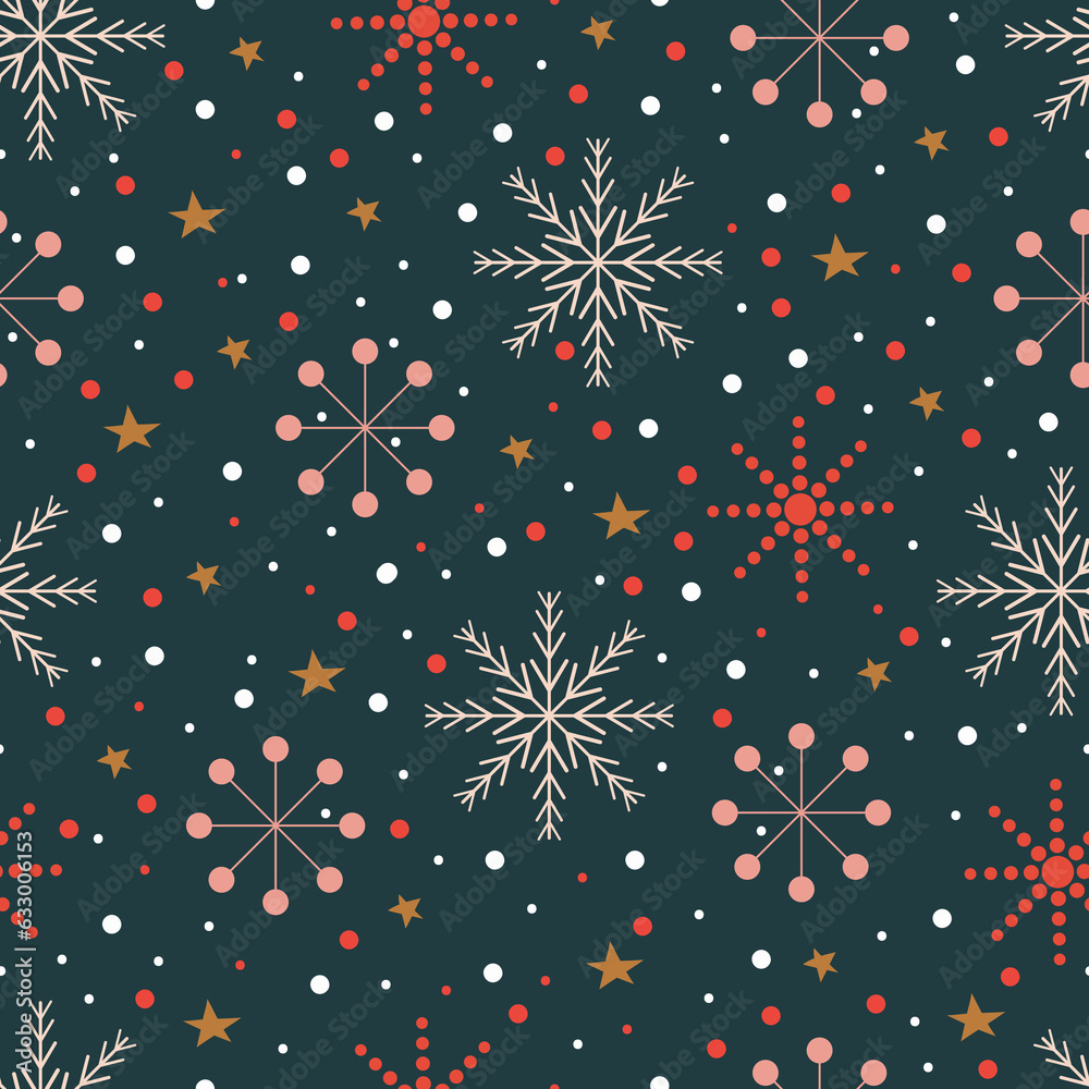 Stars, snowflakes, polka dots seamless pattern. Whimsical arrangement of Xmas motifs. Christmassy texture background