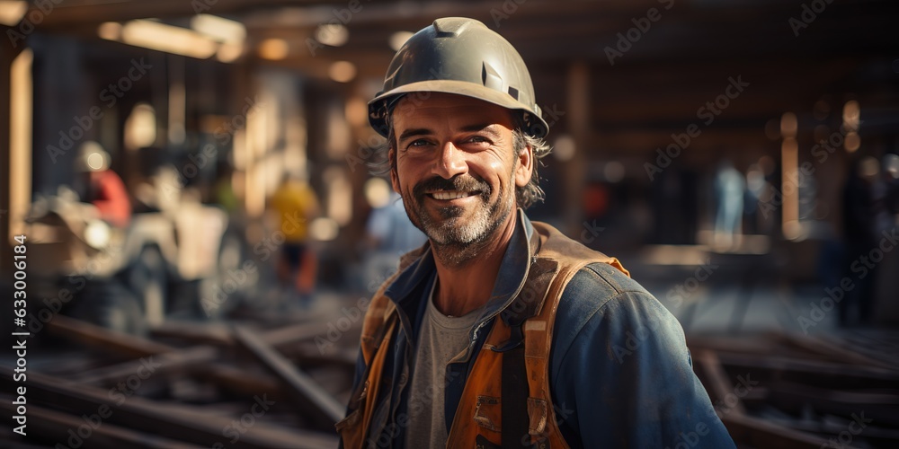 Happy construction worker on construction site at sunny day, Labor Day, Labor Day concept, Generative AI