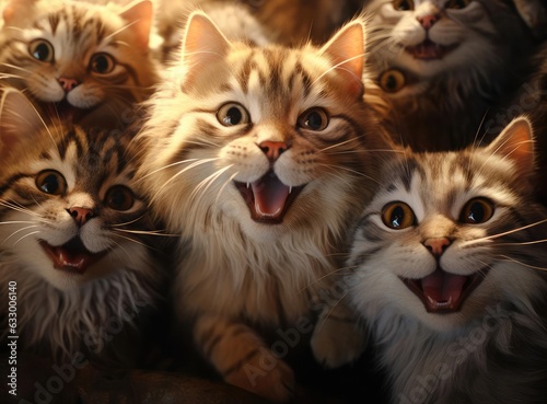 Several cats take a group selfie
