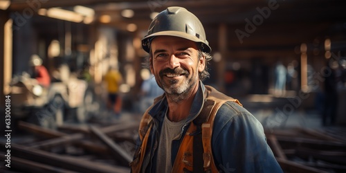 Happy construction worker on construction site at sunny day, Labor Day, Labor Day concept, Generative AI © Intelligence Studio