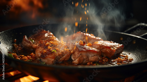 フライパンの上で焼かれている豚肉