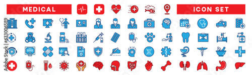 medical care colors icons set. Medicine and Health care icon symbols collection. Red cross, hospital, heartbeat, caduceus, pharmacy, doctor, human organs, dentist, lab and other. Vector illustration
