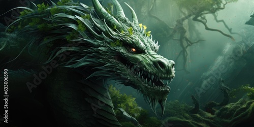 Green fantastic dragon on a dark background. Generative AI