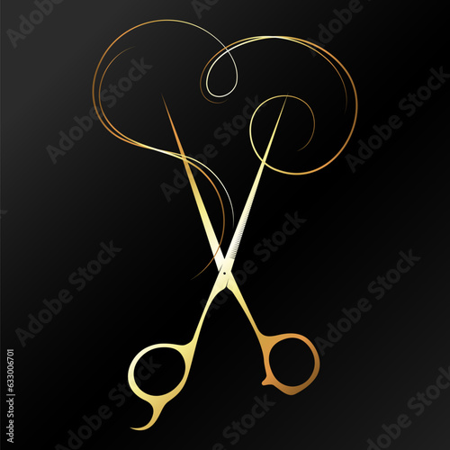 Stylists golden scissors and curl hair heart silhouette. Design for a beauty salon