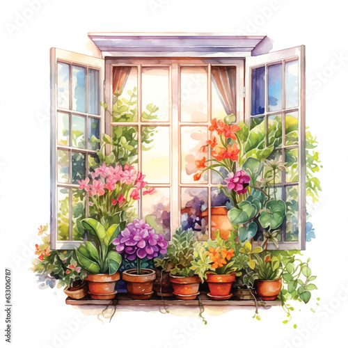 Window with flowers watercolor painting ilustration