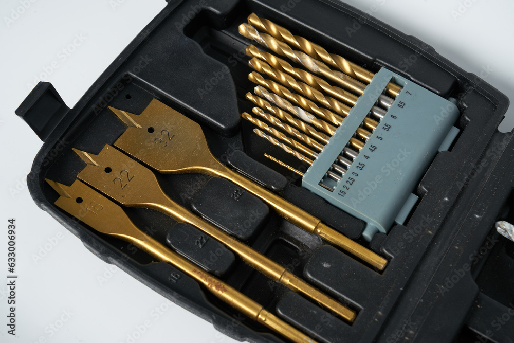 Fototapeta premium Stainless steel drill bits on a white isolated background