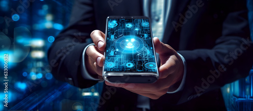 Business person holding smart phone with digital image, visual symbols and information in the style of artificial intelligence sci-fi - GenerativeAI