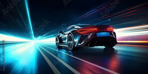 Futuristic Sports Car On Highway. Powerful acceleration of a supercar on a night track with lights and trails. 3d illustration. Generative Ai. © Lucky Ai