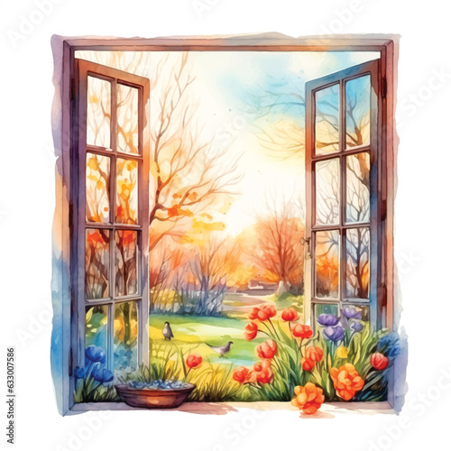 Window with flowers watercolor painting vector ilustration