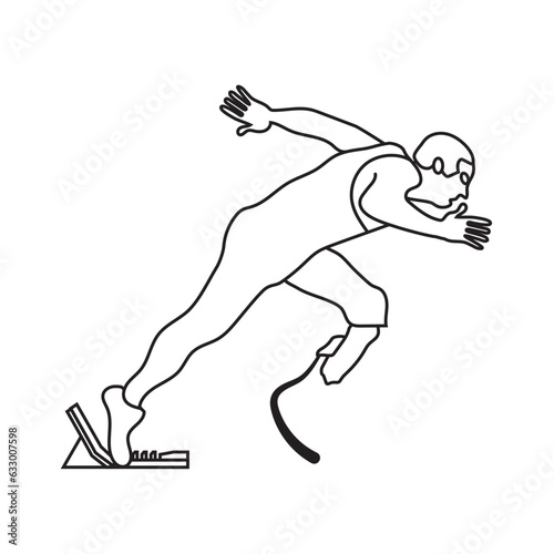 Disabled Man Running Fast and Abstract Rays on White Background. Vector illustration EPS 10. Editable stroke.