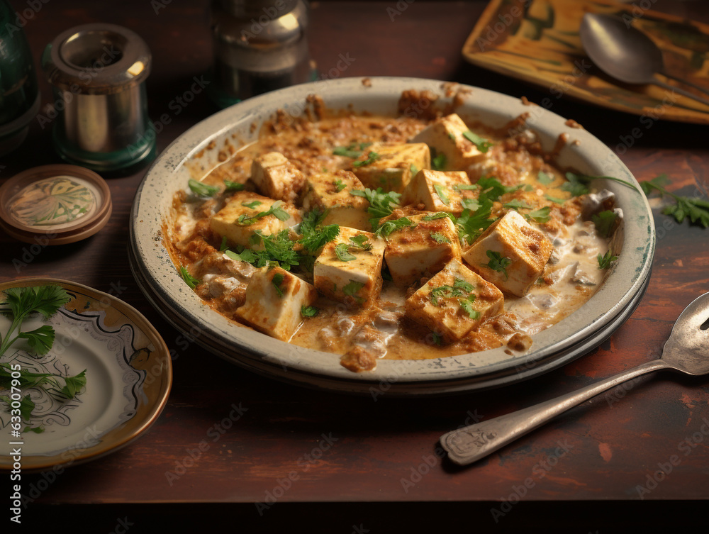 Boiled and cooked tofu served in curry sauce on a grey table, world food day images Boiled and cooked tofu served in curry sauce on a grey table, world food day images
