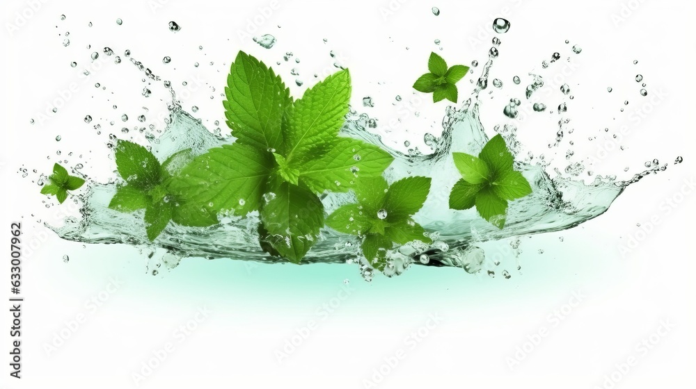 Fresh mint leaves with water splash on white background Fresh mint leaves with water splash on white background