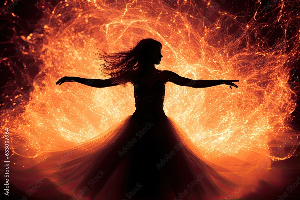 Woman silhouette dancing in vibrant flames. Generative AI Woman silhouette dancing in vibrant flames. Generative AI