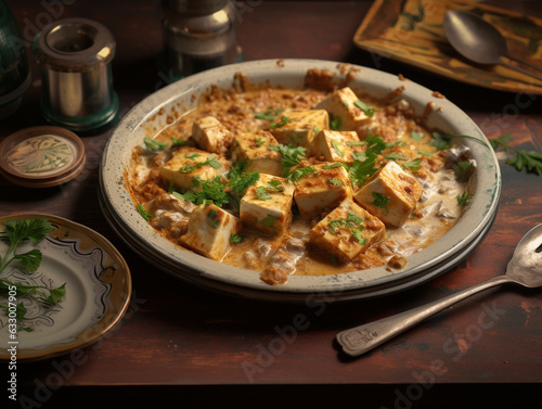Boiled and cooked tofu served in curry sauce on a grey table, world food day images © Ingenious Buddy 