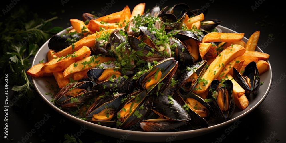 Belgian national dish, mussels with french fries. Dish close-up. Generative AI Belgian national dish, mussels with french fries. Dish close-up. Generative AI