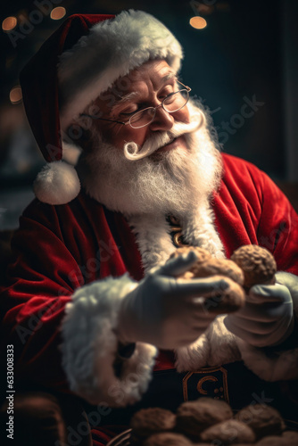 Santa Claus eating cookies with milk at night. merry christmas and new year generative ai, generative, ai