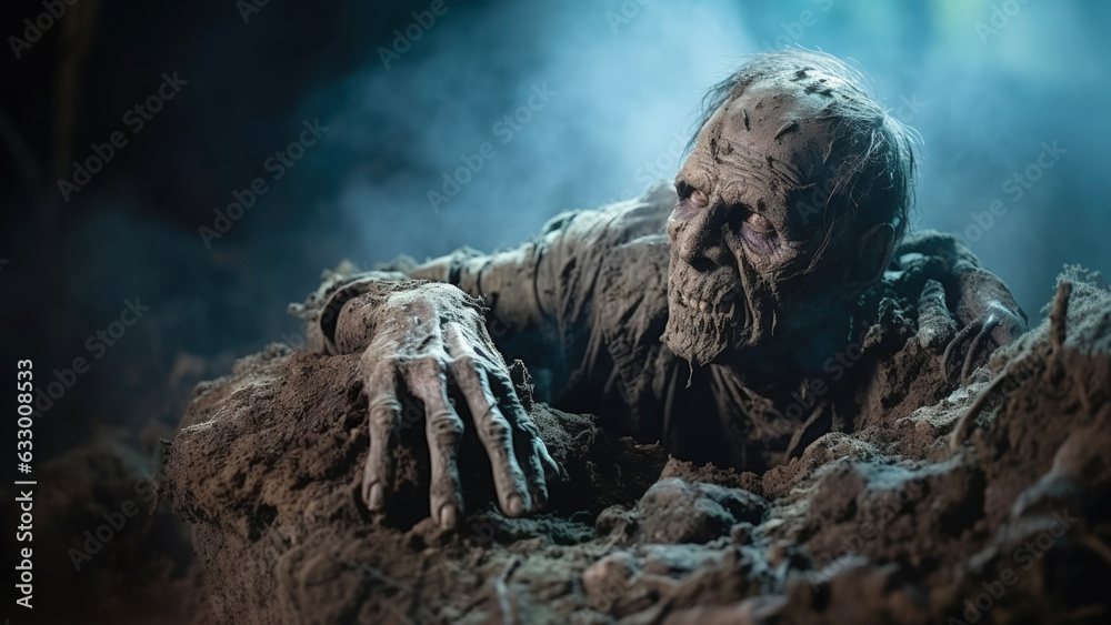 Scary dead man or zombie climbs out of his grave in cemetery in light of moon at night. Horror stories for Halloween. Scary dead man or zombie climbs out of his grave in cemetery in light of moon at night. Horror stories for Halloween.