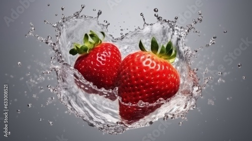 Fresh strawberry with water splash on gray background