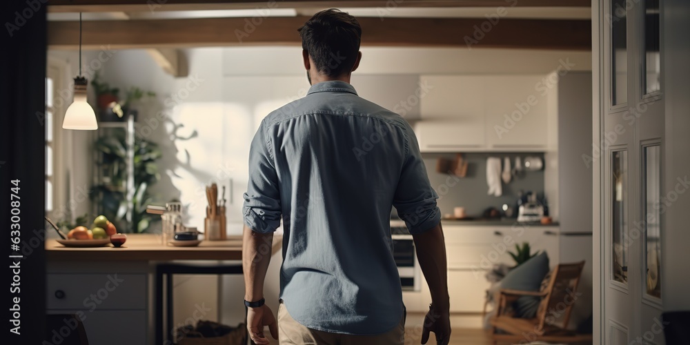 Rear view of a young man walking through his apartment, entering a new ...