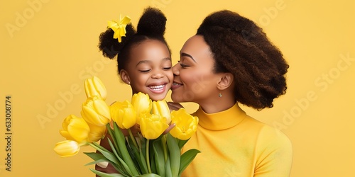 Cute African American girl kissing her mother on the cheek and giving a bouquet of yellow tulips.