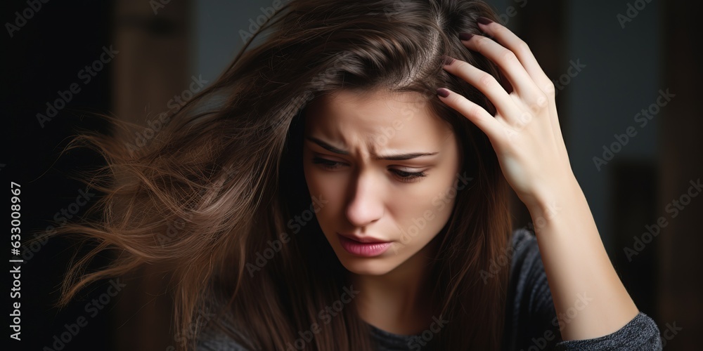 Unhappy woman looking at hair scales with dandruff problem.