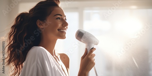 Brunette woman drying and styling her hair with a hair dryer while doing her hair while standing in a modern bathroom at home.
