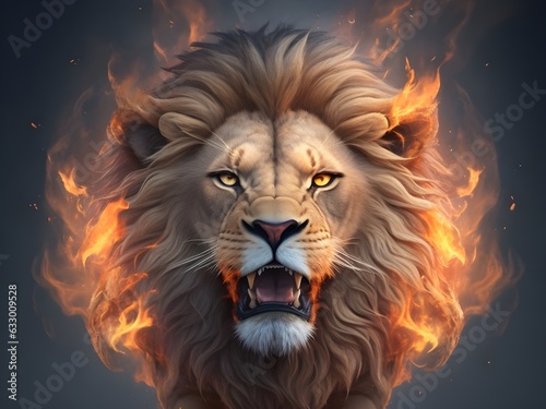 Powerful image of a lion s face roaring amidst intense flames of fire  showcasing strength and courage