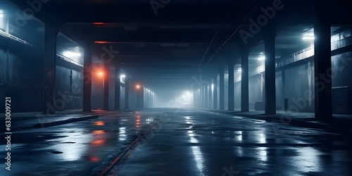 Midnight basement parking area or underpass alley. Wet, hazy asphalt with lights on sidewalls. crime, midnight activity concept. generative AI.