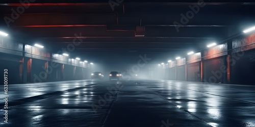 Midnight basement parking area or underpass alley. Wet, hazy asphalt with lights on sidewalls. crime, midnight activity concept. generative AI. © Lucky Ai