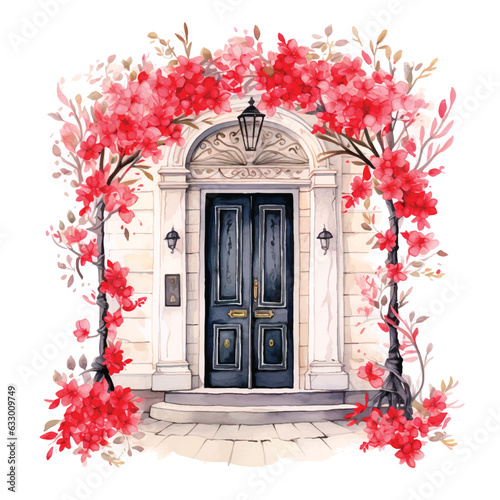 House door surrounded by flowers watercolor paint ilustration
