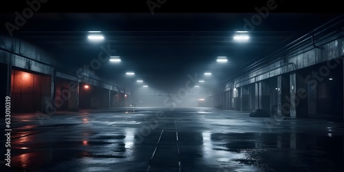 Midnight basement parking area or underpass alley. Wet, hazy asphalt with lights on sidewalls. crime, midnight activity concept. generative AI. photo