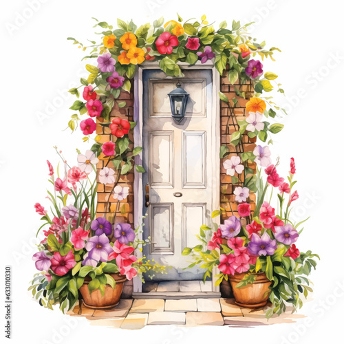 Door surrounded by flowers and vase in front of it vector watercolor painting