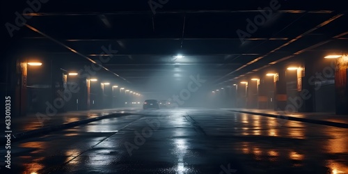 Midnight basement parking area or underpass alley. Wet, hazy asphalt with lights on sidewalls. crime, midnight activity concept. generative AI. photo