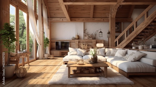 Interior Design of a Living Room in the Style of Wood and an Eye Catching Sofa of color White.