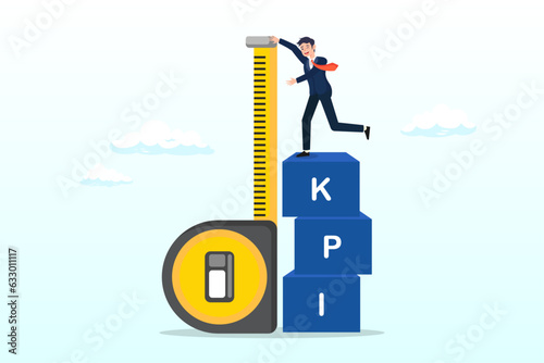 Businessman standing on top of KPI box measuring performance, KPI, key performance indicator measurement to evaluate success or meet target, metric or data to review and improve business (Vector)