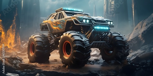 Racing monster truck with powerful engine, AI generative