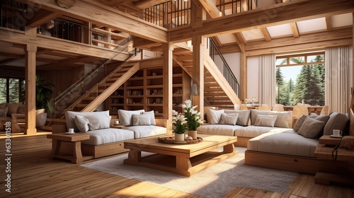 Interior Design of a Living Room in the Style of Wood and an Eye Catching Sofa of color White.