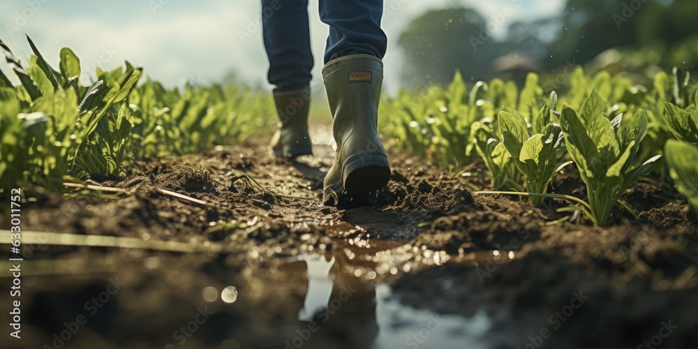 Man in rubber boots on the field close-up. Harvesting. Generative AI Man in rubber boots on the field close-up. Harvesting. Generative AI