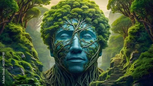 Green brain in a valley of a face surrounded by lush plant life  Ai generation.