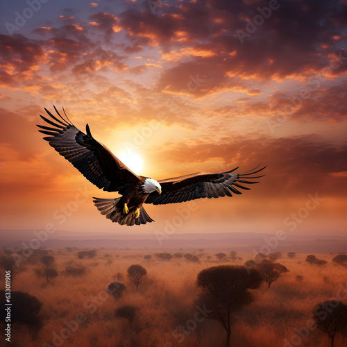 Bald eagle flying in the air with a sunset on a desert, in the style of photorealistic renderings-GenerativeAI 