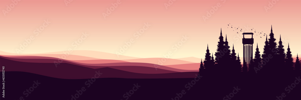 morning mountain view scenery panorama with pine tree silhouette vector illustration good for wallpaper, backdrop, background, web banner, and design template