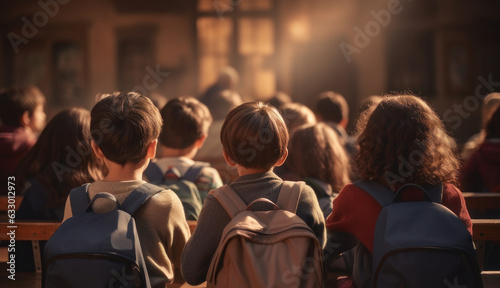 Schoolchildren with backpacks, view from the back. AI generative.