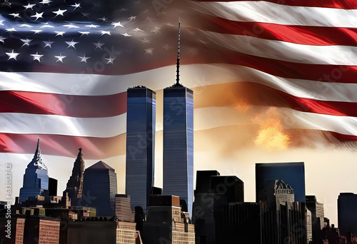 Slika na platnu Towers of Unity - Remembering 911 Through the American Flag