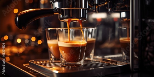 a cup of coffee in a coffee machine, preparing coffee close-up. Generative AI